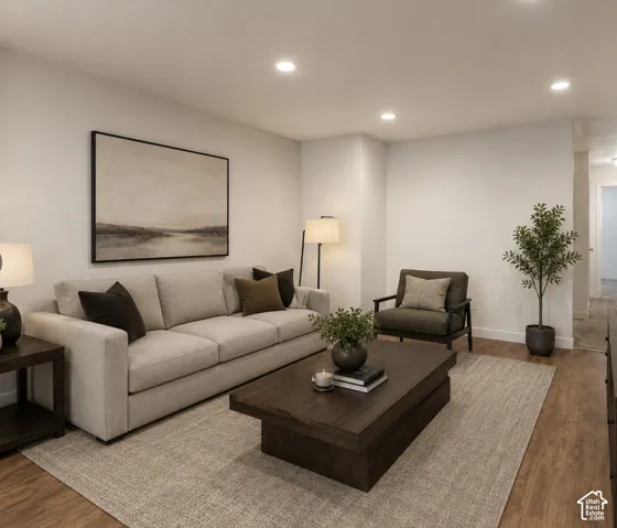 Recessed ceiling lighting, durable wood-finish flooring, and white painted walls