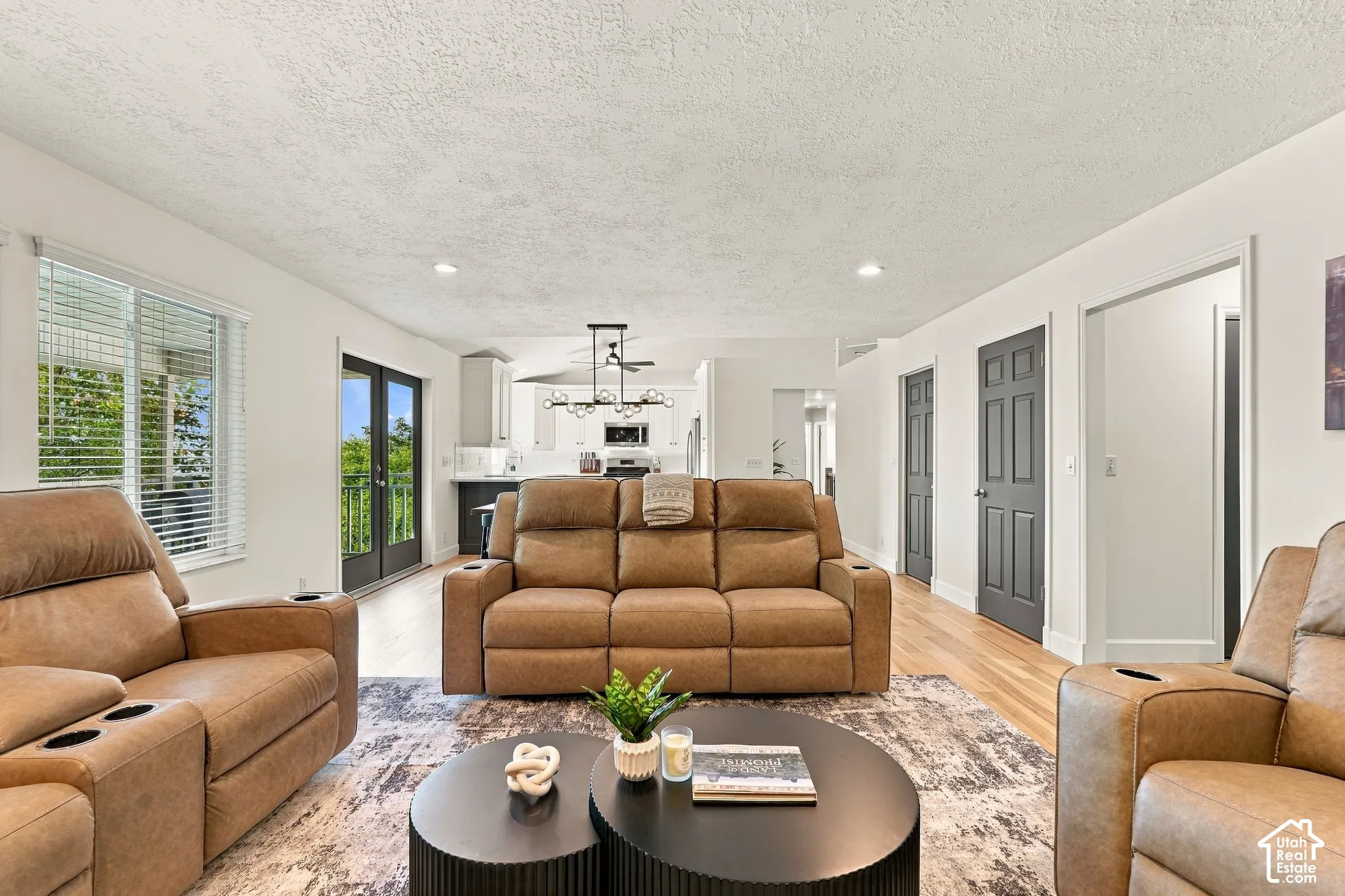 Recessed lighting and wood-finish flooring