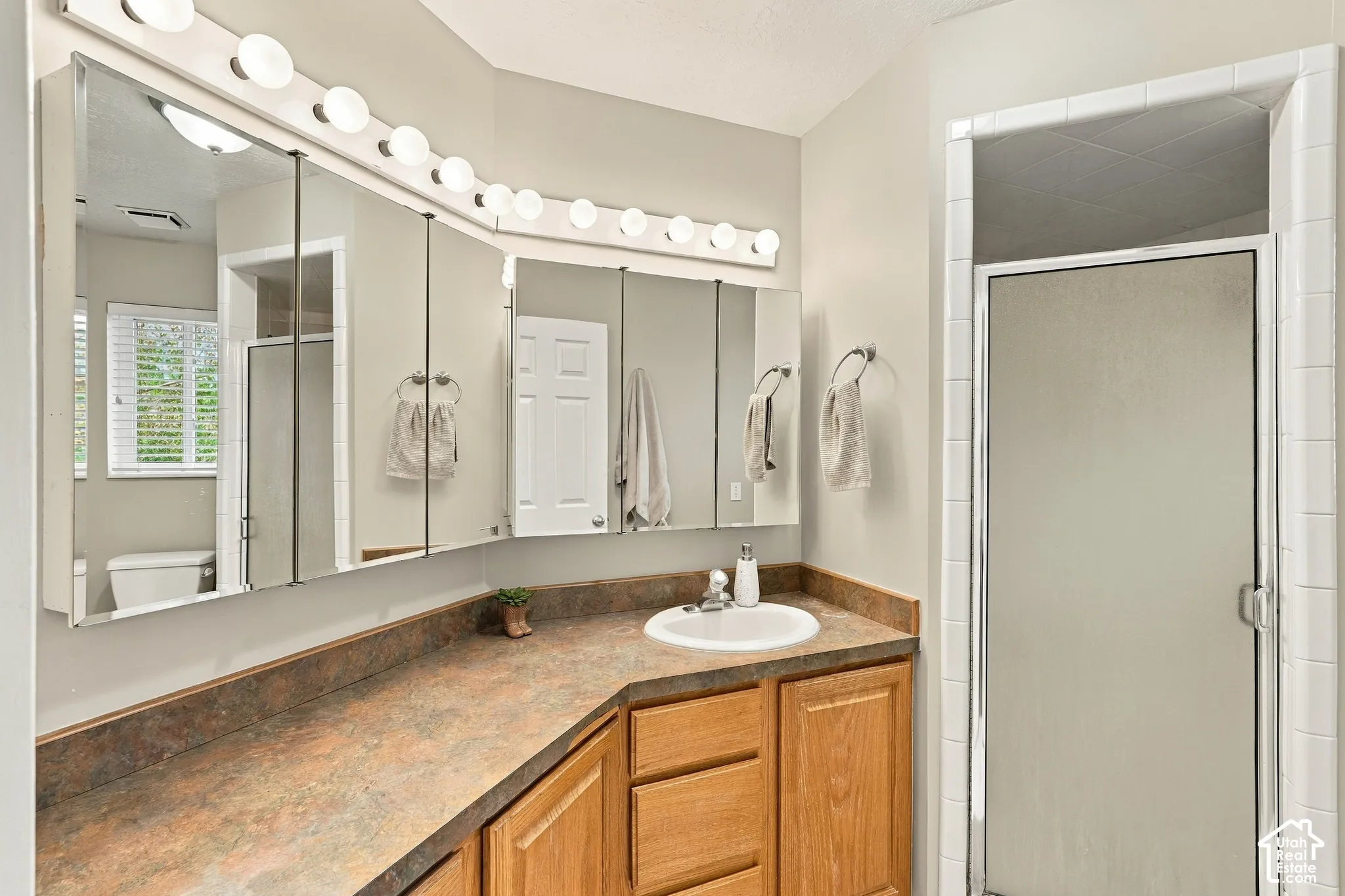 Integrated vanity with a single basin sink, wood-finish cabinetry, and a countertop