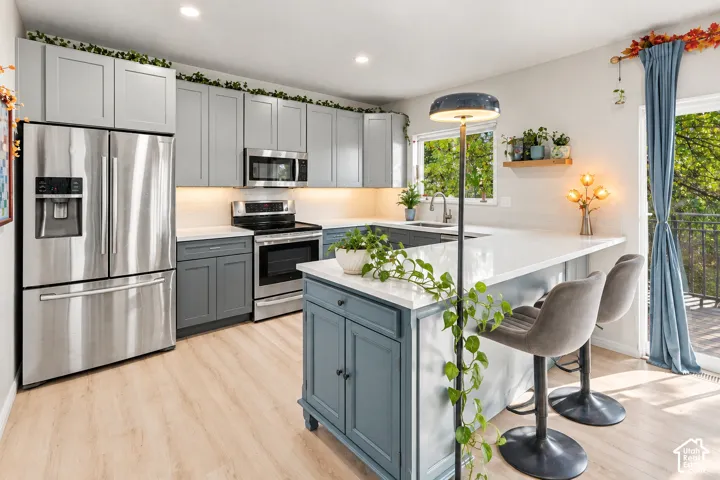Modern kitchen featuring stainless steel appliances, light wood-finish flooring, recessed lighting, white countertops, and a kitchen island with built-in cabinetry