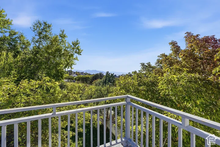 Elevated deck with aluminum railings overlooking mature landscaping and tree-lined grounds, offering expansive outdoor space with natural tree canopy and distant landscape backdrop