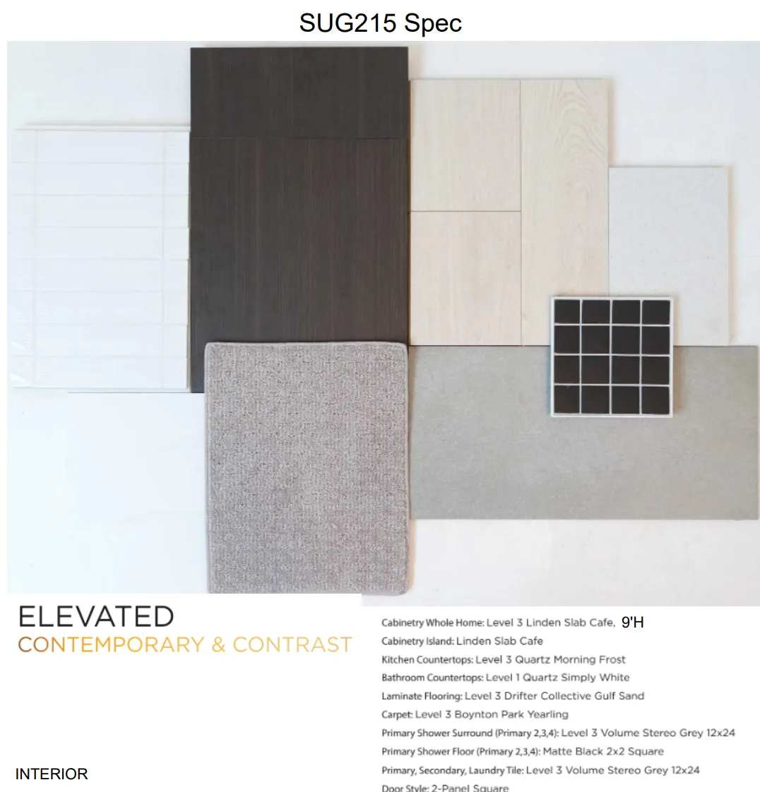 Interior Design Specification. Displaying material samples and their corresponding product details for the property