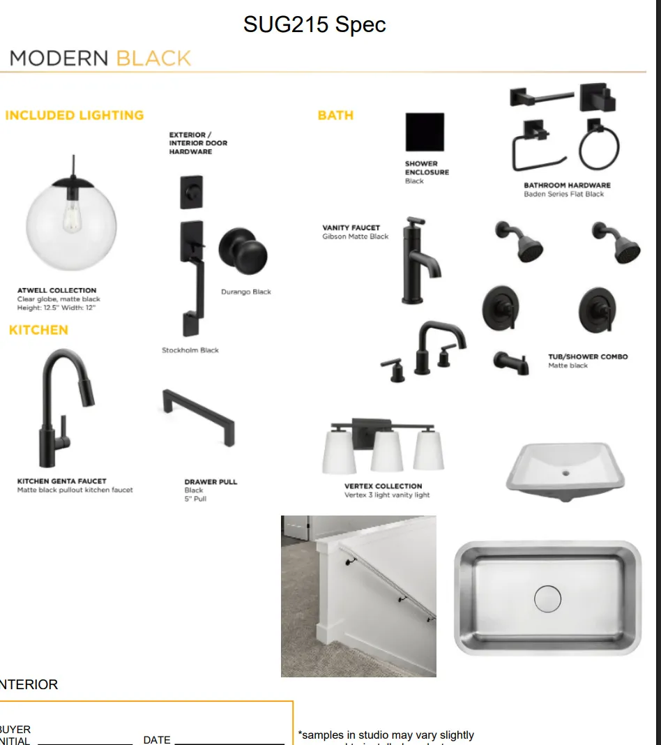 Specification Sheet. Detailing selections for lighting, kitchen, bath fixtures, and hardware within the property