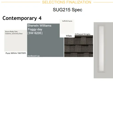 Selections Finalization, SUG215 Spec. Detailing exterior material and color specifications for the property
