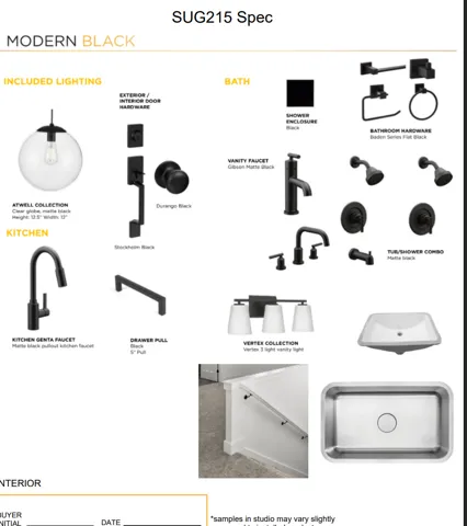 Specification Sheet. Detailing selections for lighting, kitchen, bath fixtures, and hardware within the property