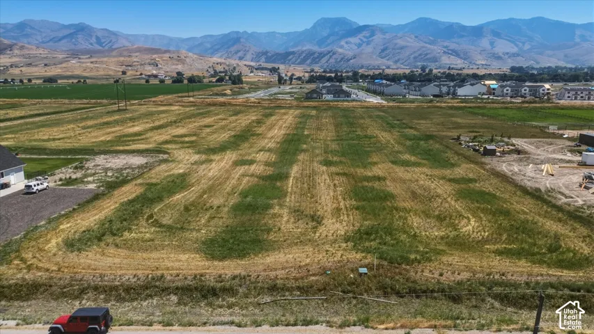 Expansive agricultural land featuring a mountainous backdrop and residential developments in the distance