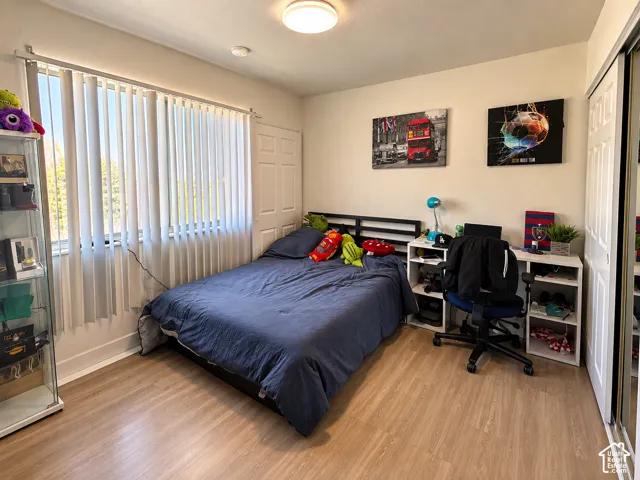 Wood-finish flooring, overhead flush-mount lighting, and vertical window blinds