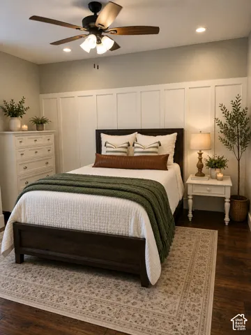 Wood-finish flooring, recessed lighting, and a ceiling fan with integrated lighting