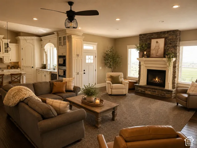 Stone-clad fireplace with a white mantel, kitchen with white cabinetry, wood-finish flooring, recessed lighting, and a ceiling fan