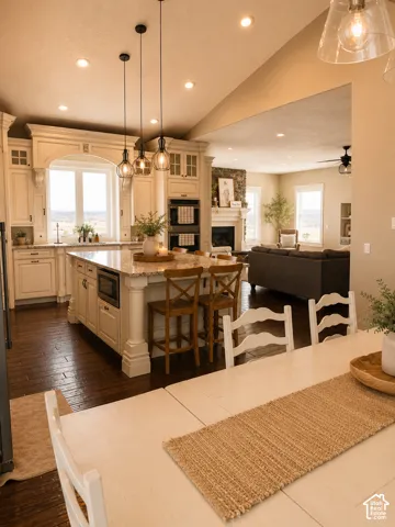 Gourmet kitchen with cream cabinetry, recessed lighting, and a large central island featuring pendant lighting
