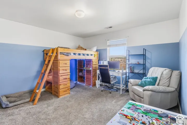 Carpeted room featuring a window, built-in loft bed with integrated storage, and a ceiling-mounted light fixture