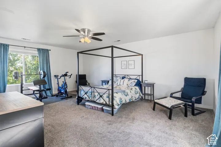 Spacious room featuring a ceiling fan, carpet flooring, and a large window with ample natural light
