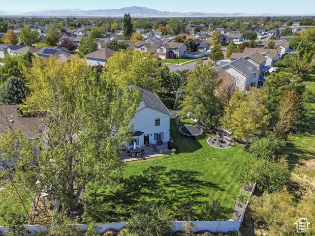 Expansive backyard featuring a manicured lawn, paved patio, and mature trees