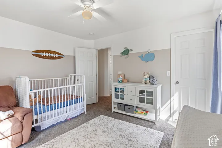 Neutral-toned walls with contrasting white trim, textured carpeting, and a ceiling fan with light fixture