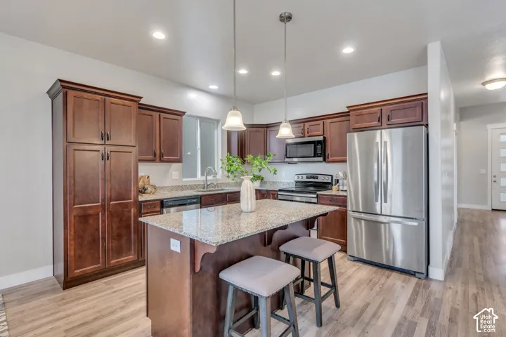 Kitchen featuring wood-finish flooring, dark wood cabinetry, granite countertops, and stainless steel appliances