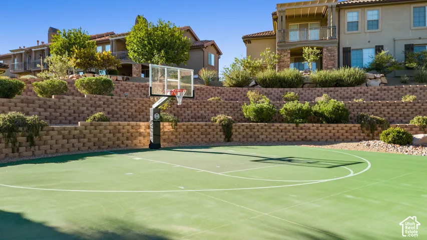 Green-surfaced outdoor sport court with a permanent basketball hoop and tiered retaining walls