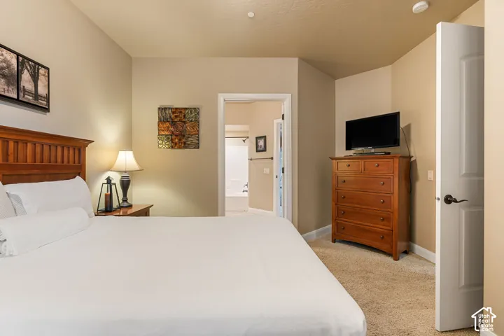 Neutral wall paint, plush carpet flooring, recessed lighting, and a wood-finish headboard