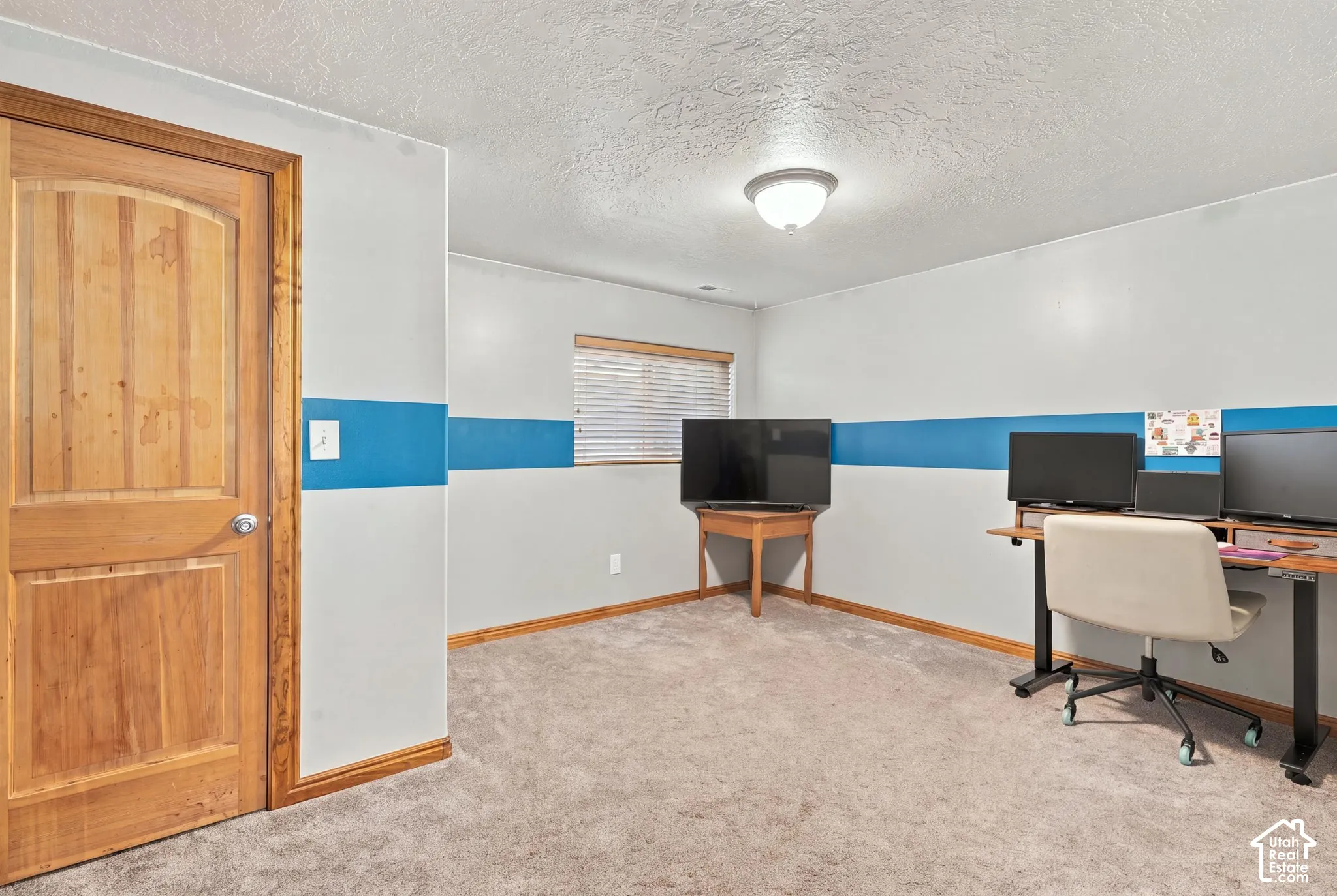 Carpeted room featuring a light wood-finish door, wood-finish trim, and a window with blinds