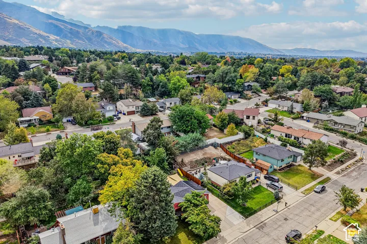 Residential neighborhood with mature trees and mountain scenery
