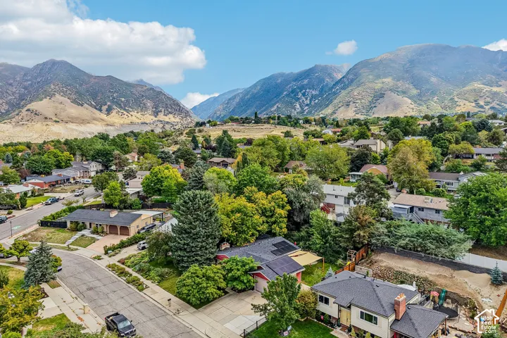 Mountain backdrop with extensive residential area, abundant mature trees, and a clear sky