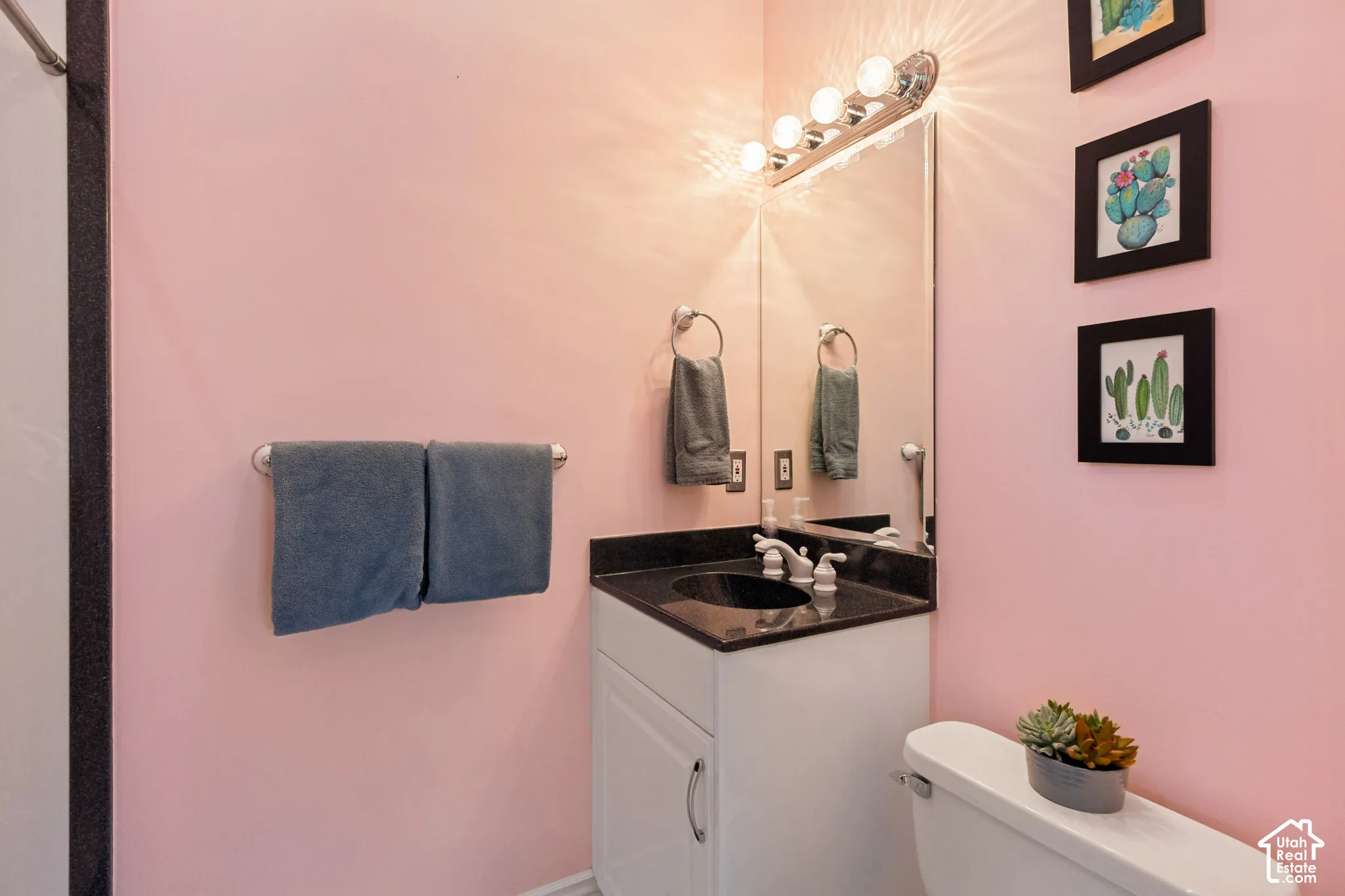 Vanity with a black countertop and integrated sink, chrome faucet, and mirrored cabinet