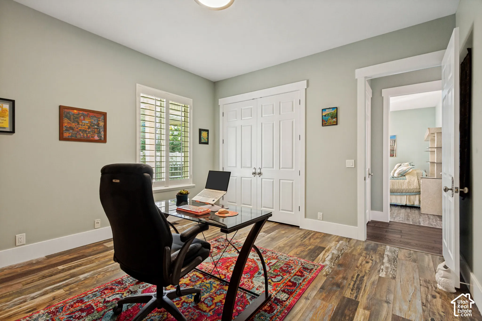 Wood-finish flooring, white plantation shutters, double closet doors with white trim, and a contemporary ceiling light fixture