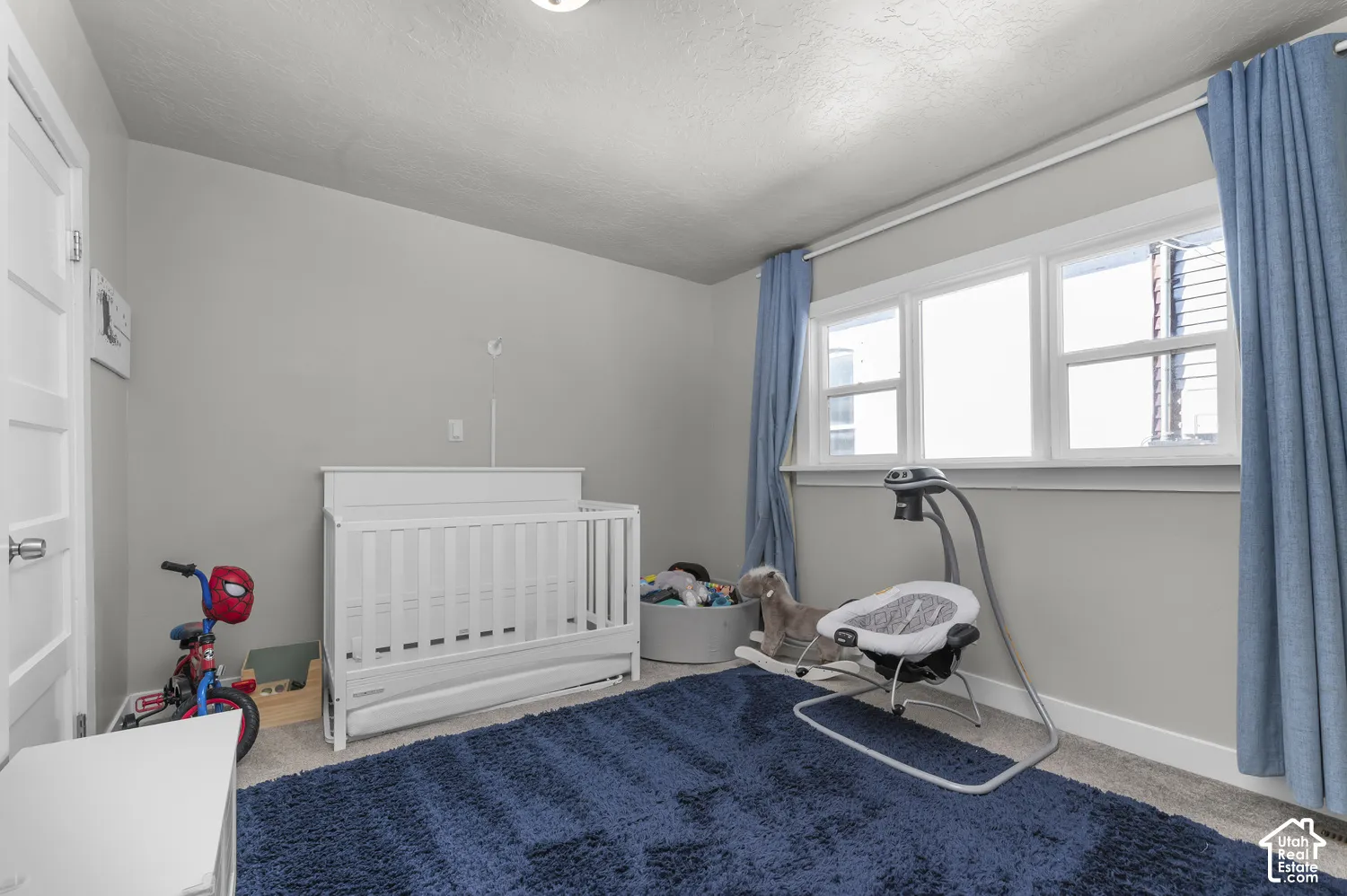 Carpeted room featuring light gray walls, a white paneled door, and a multi-pane window with white trim
