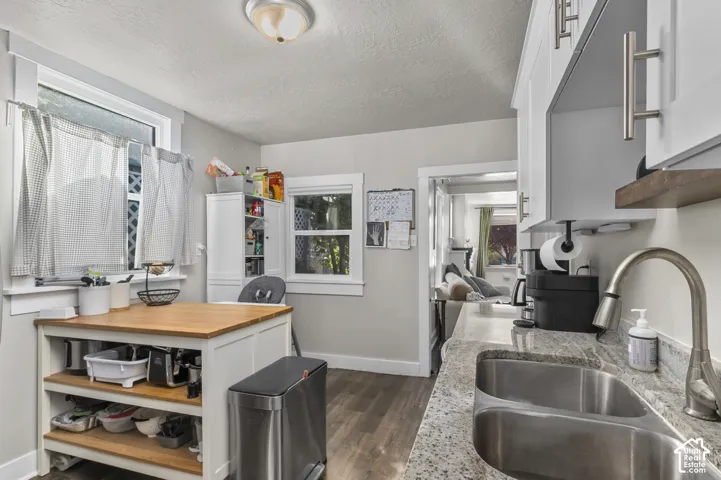 Kitchen featuring wood-finish flooring, white cabinetry with brushed nickel hardware, and a double basin stainless steel sink