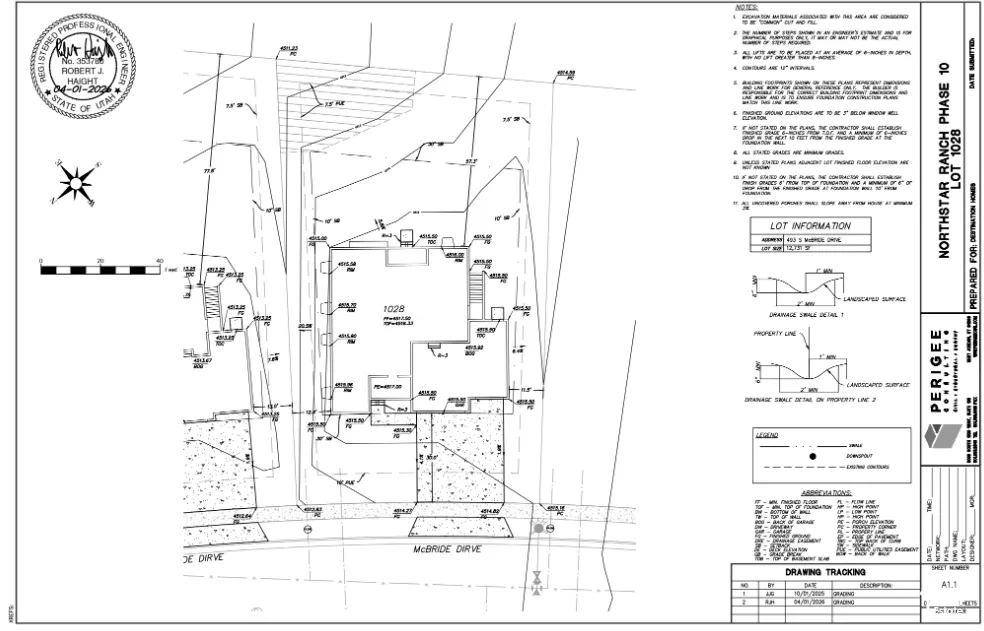 Site Plan. Illustrating property layout, grading, and drainage details for lot 1028
