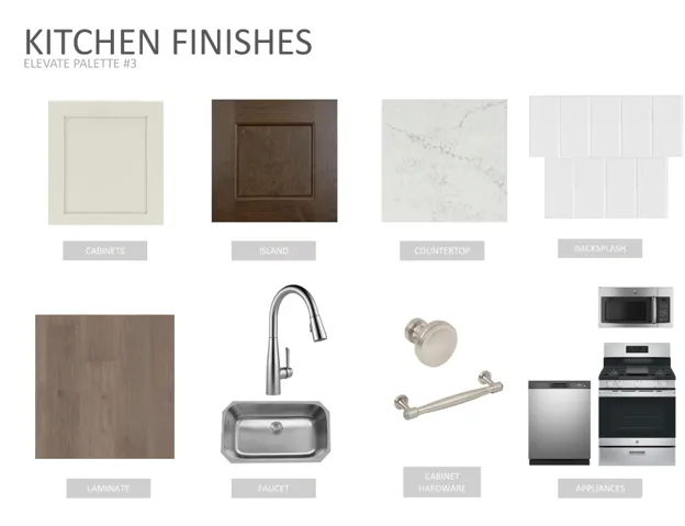 Kitchen Finishes, Elevate Palette #3. Illustrating various material and appliance selections for the property's kitchen