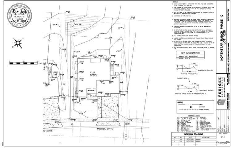 Site Plan. Illustrating property layout, grading, and drainage details for lot 1028