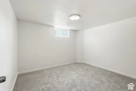 Carpeted room with a flush-mount ceiling light fixture, white walls, and a window