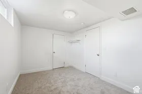 Carpeted flooring, white walls, two white doors, built-in wire shelving, and a ceiling-mounted light fixture