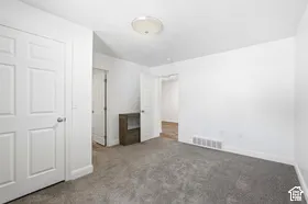 Plush gray carpeting and white walls with white trim
