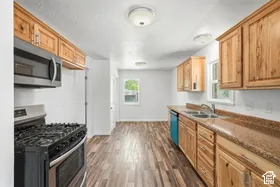 Kitchen featuring wood-finish flooring, wood cabinetry, stainless steel appliances, and a double basin sink