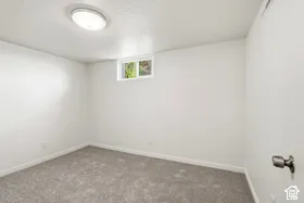 Carpeted room featuring a ceiling-mounted light fixture and a window