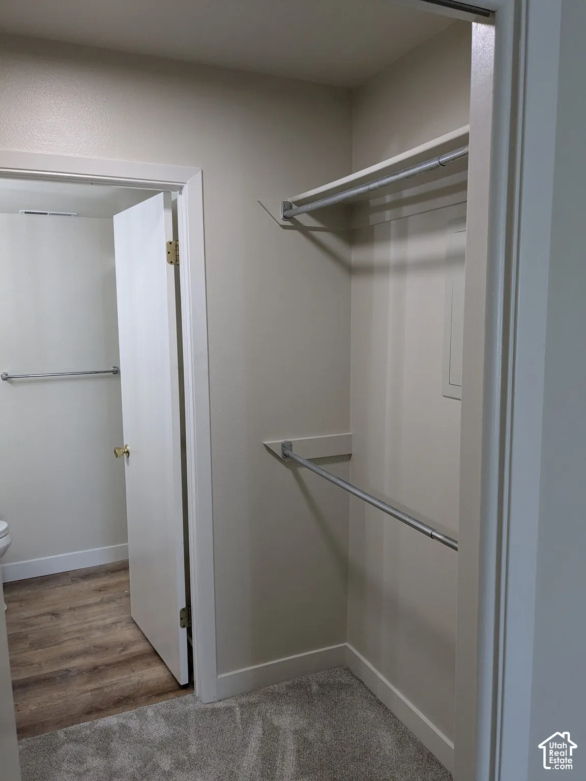 Carpeted closet with dual hanging rods