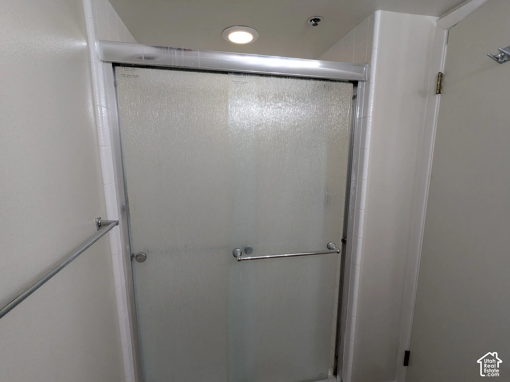 Frosted glass shower enclosure with chrome hardware and a recessed ceiling light