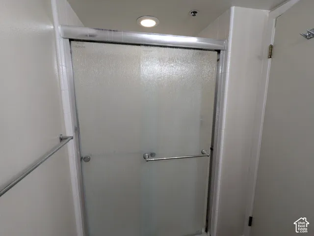 Frosted glass shower enclosure with chrome hardware and a recessed ceiling light