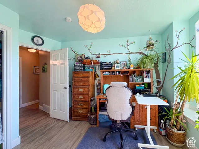 Wood-finish flooring with a light-toned ceiling and a decorative light fixture