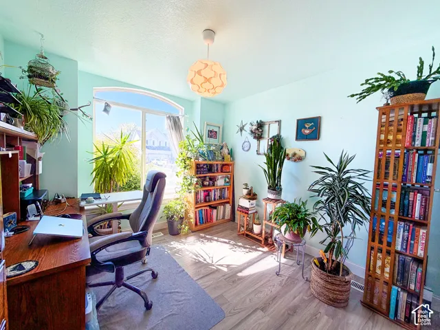 Large arched window, light blue wall paint, wood-finish flooring, built-in shelving, and a spherical pendant light fixture