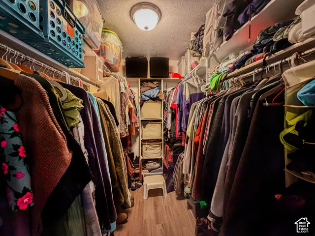 Recessed ceiling light fixture illuminates this walk-in closet featuring built-in shelving, multiple hanging rods, and wood-finish flooring