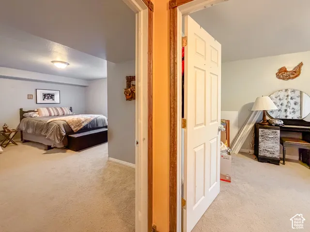 Carpeted flooring throughout, recessed ceiling light fixture, and paneled interior doors