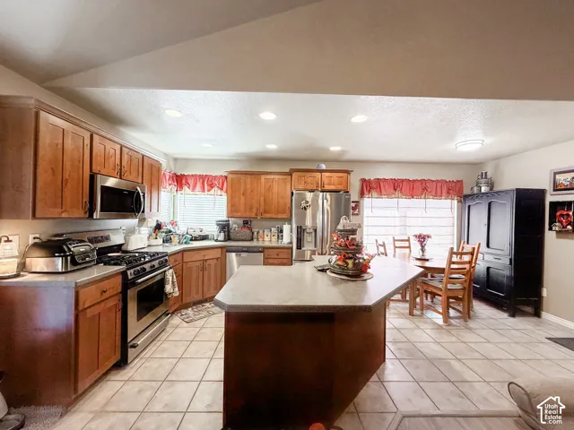 Kitchen featuring wood cabinetry, stainless steel appliances, a center island with countertop seating, and tile flooring