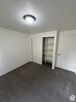 Recessed lighting fixture, textured white walls, gray carpeting, white bi-fold closet doors, and interior shelving