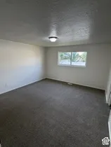 Wall-to-wall carpeting in a neutral tone, flush-mount ceiling light fixture, and a window with a white frame