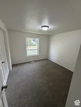 Neutral wall color, wall-to-wall carpeting, single window, and flush mount ceiling light