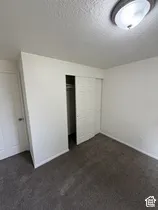 Neutral wall paint, textured ceiling, flush mount ceiling light, grey carpet flooring, and a closet with bifold doors