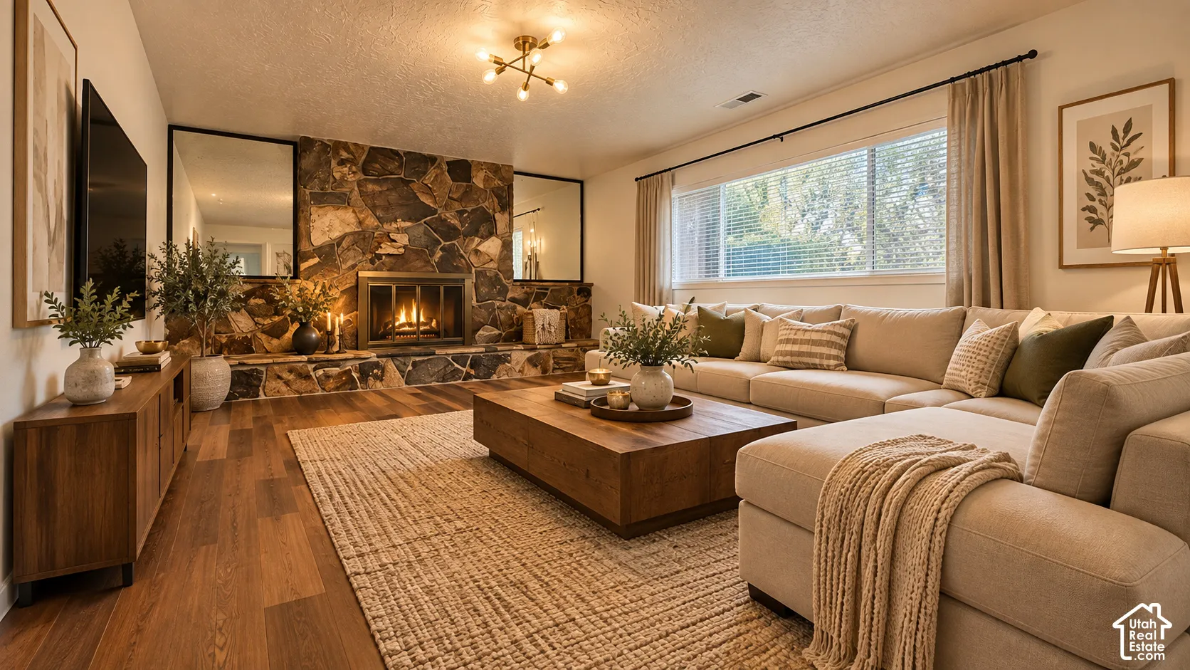 Stone-faced fireplace with a metal insert, wood-finish flooring, and a large window with privacy blinds