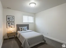 Recessed window with blinds, overhead flush mount lighting, and gray carpet flooring